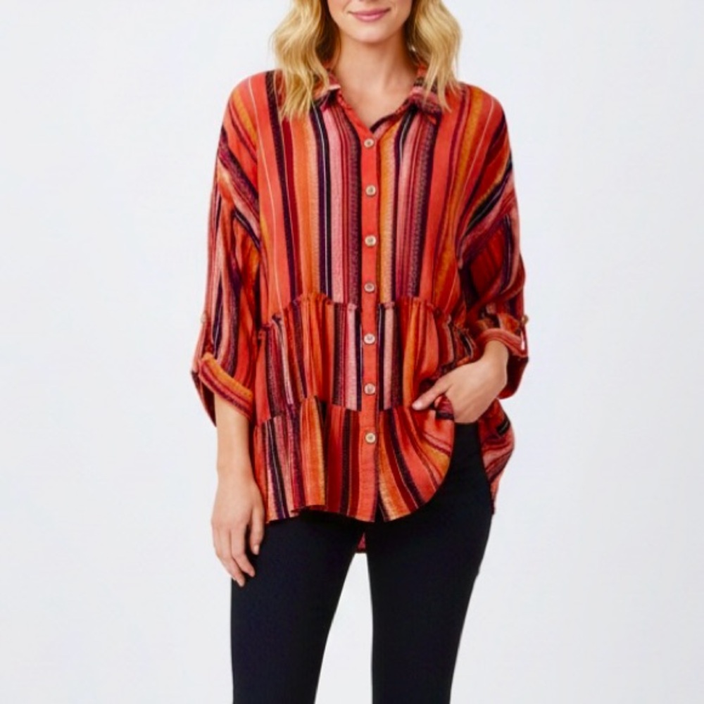 Gigio Top Tunic Coral Orange Striped Tiered M Boho Casual Oversized Relaxed